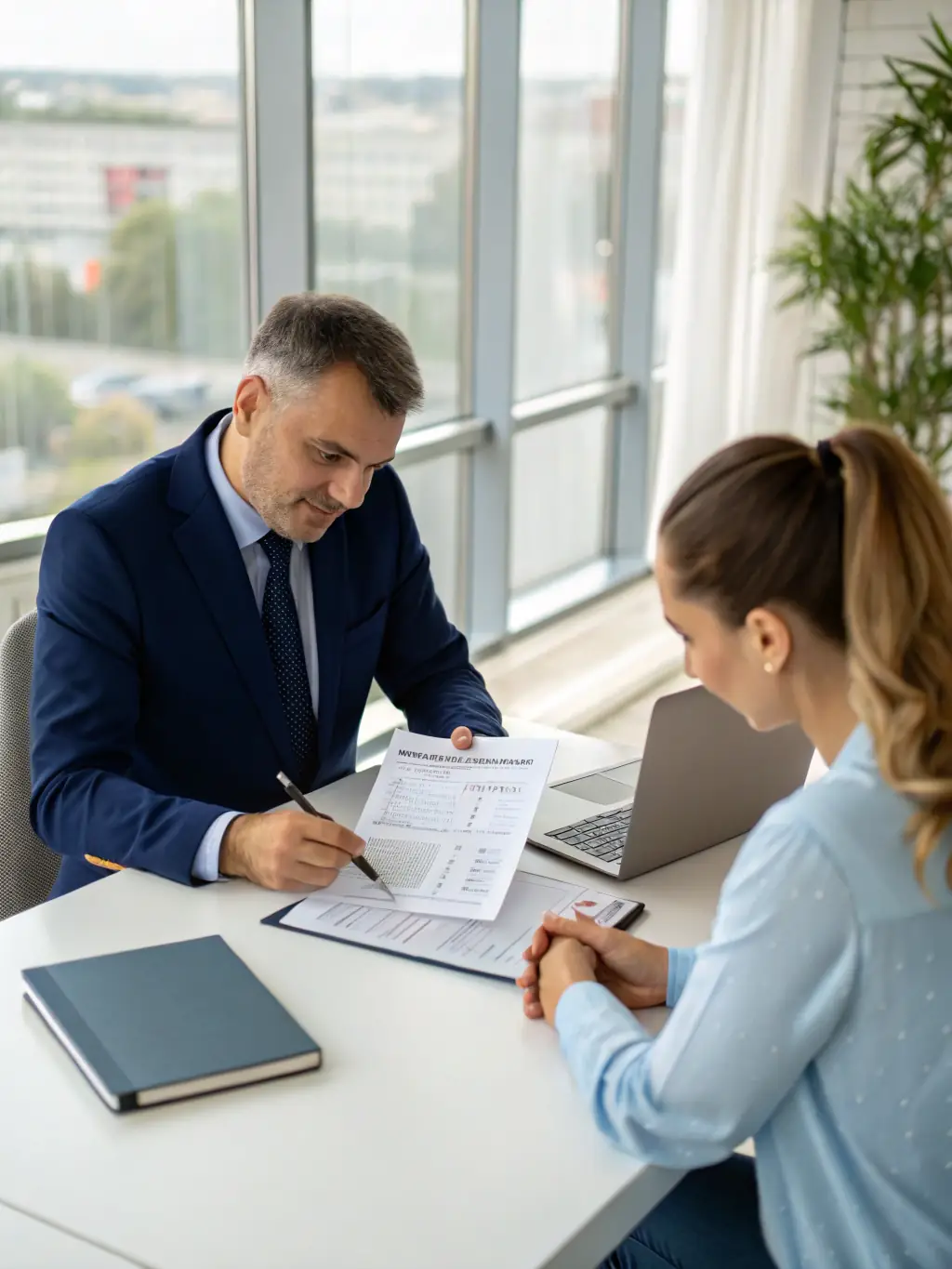 A professional accountant advising a small business owner on financial strategies in a bright, modern office.