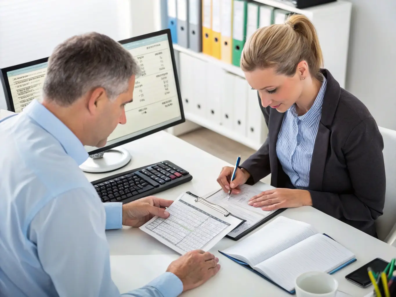 An image of a professional accountant reviewing tax documents with a client in a modern office setting, symbolizing tax planning and preparation.