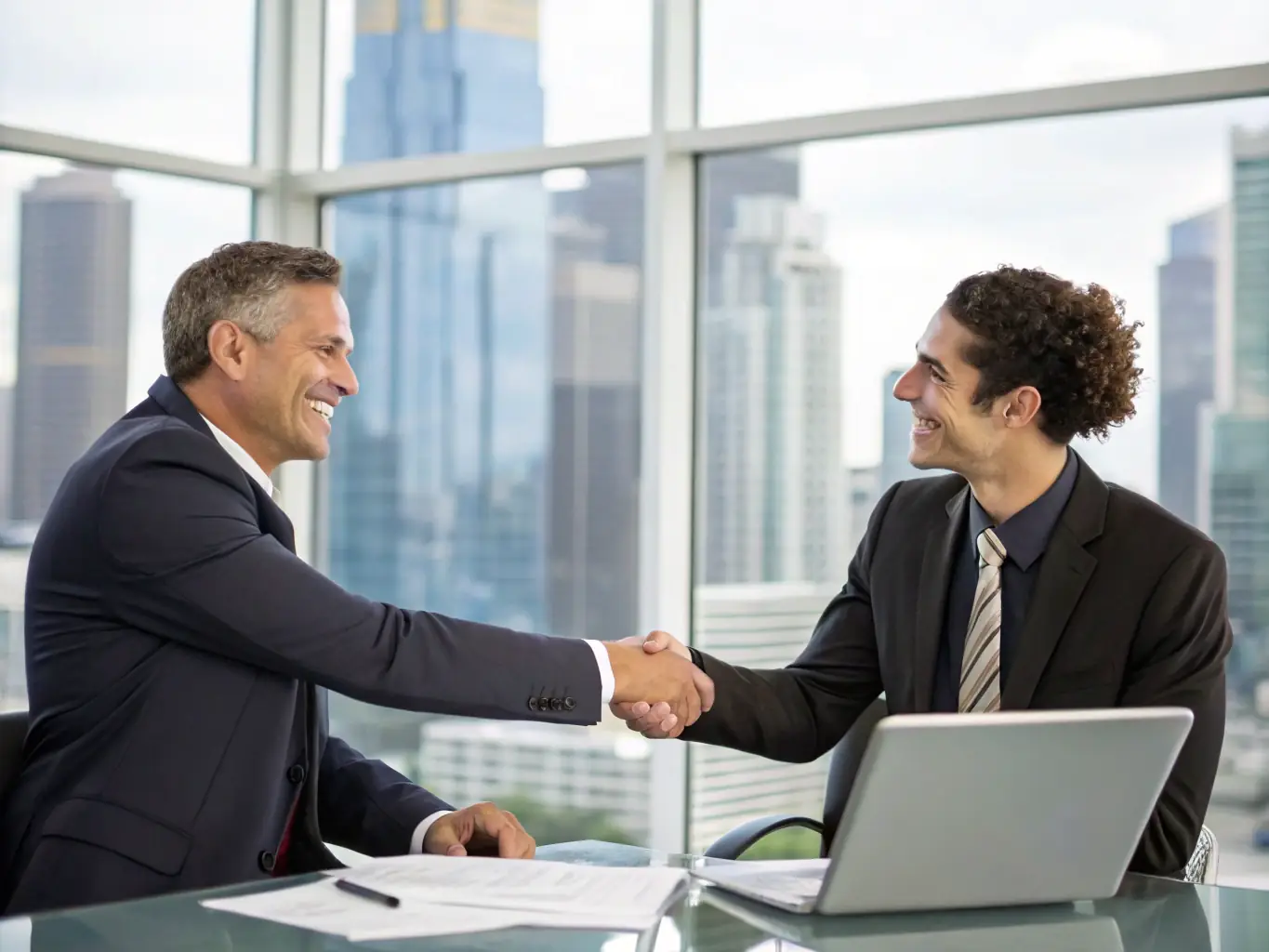 A client smiling and confidently shaking hands with a ForYou Accounting advisor, set against a backdrop of a thriving business environment, representing trust and partnership.