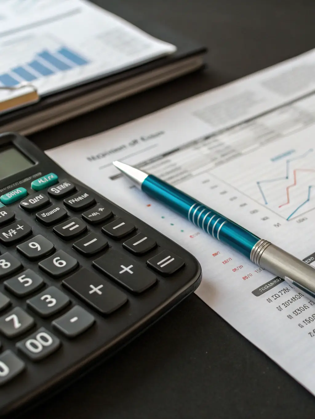 A close-up shot of a calculator with financial documents in the background, symbolizing precise tax calculations and planning.