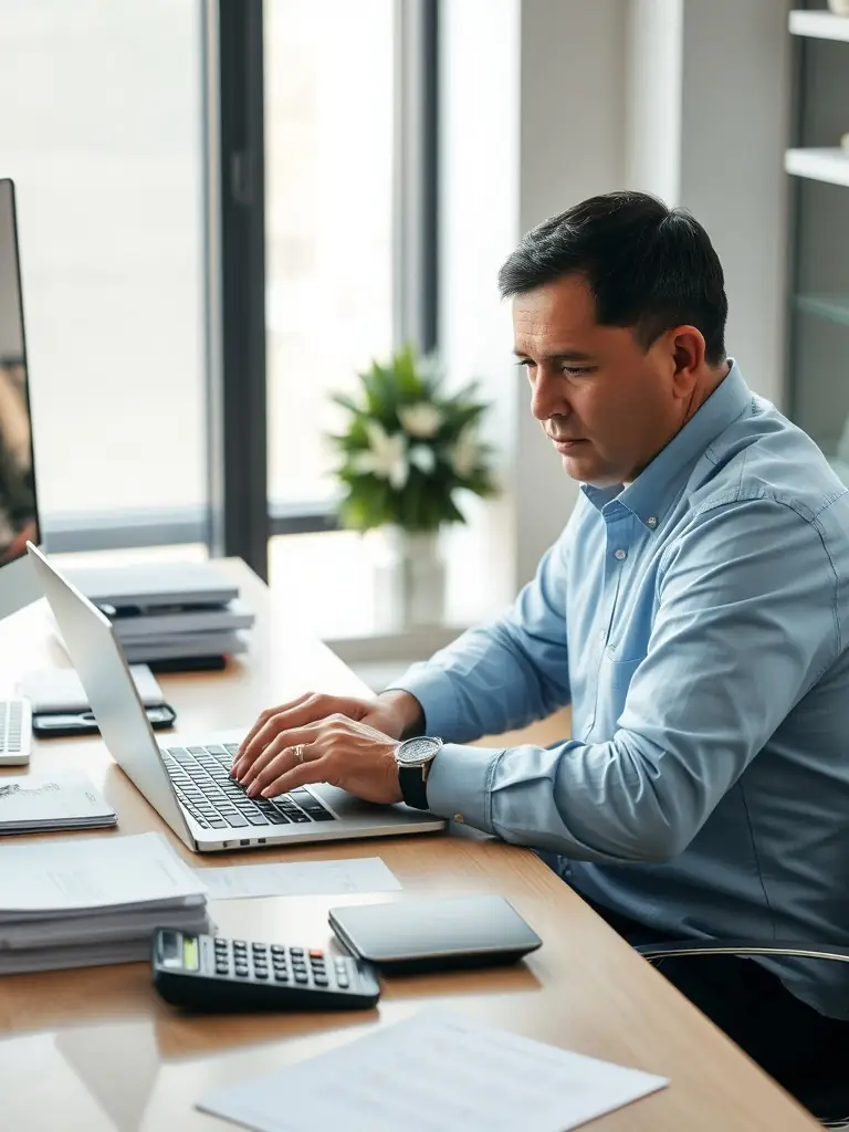 A professional accountant reviewing financial documents in a modern office setting, representing ForYou Accounting's commitment to accuracy and detail.