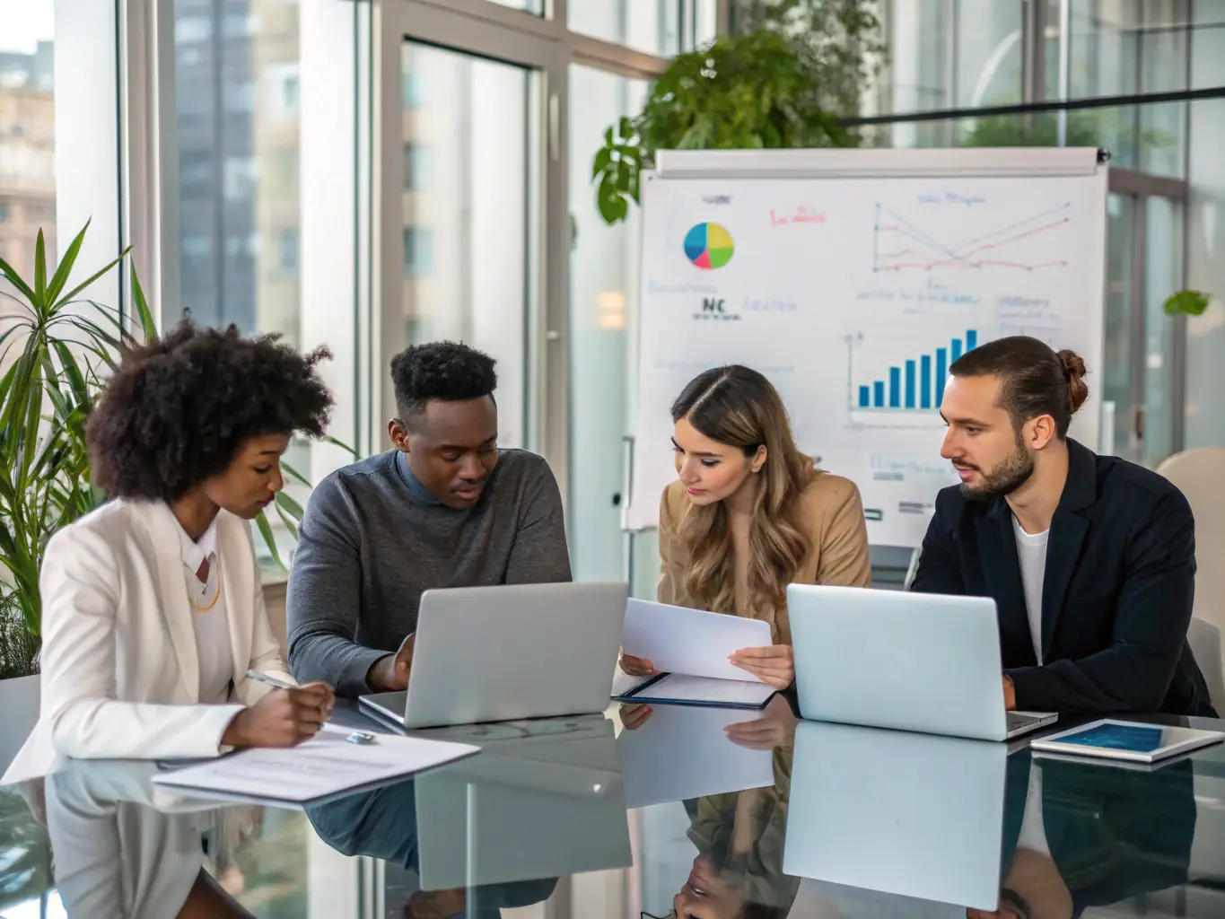 A diverse team of financial experts collaborating in a modern, sunlit office, reviewing financial reports and discussing strategies, symbolizing expertise and teamwork.